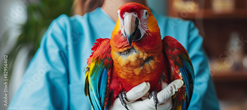 veterinarian handling exotic big red macaw parrot