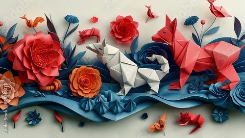 Intricate Origami 3D Chinese Animal and Food Vector Illustration in Arty Fashion Print Style with Detailed Line Art Design