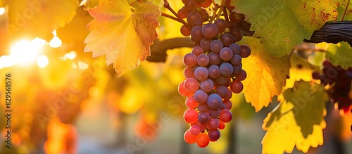 Vibrant autumn hues of red orange and yellow grapevine leaves at a vineyard under the warm glow of sunset with clusters of grapes ripening beautifully amid winemaking and organic fruit cultivation Cl