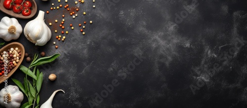 Fresh garlic arrows marinating on a dark gray concrete background with ingredients such as salt sugar vinegar bay leaf water and sweet pepper against a copy space image