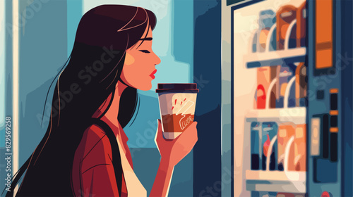 Woman holding paper cup with coffee near vending mach