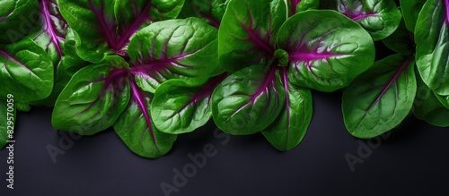 A vibrant leafy vegetable known as Ceylon spinach or Basella rubra Linn typically features dark green leaves and a purple hue with a white copy space image