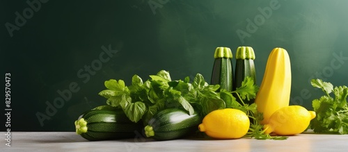 Raw courgettes and lettuce are arranged with four yellow zucchinis on a kitchen table creating a vibrant display with copy space image