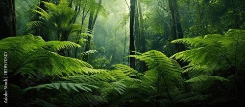 In tropical rainforests Lygodium ferns grow tall enveloping large trees creating a lush green canopy with ample copy space image
