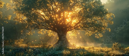 A radiant tree glowing in a peaceful forest.
