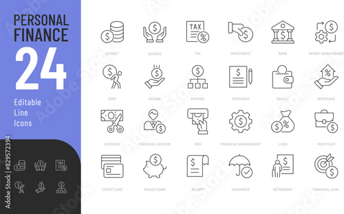 PERSONAL FINANCE Editable Icons set. Vector illustration in modern thin line style of money related icons: budget, loan, taxes, and more. Pictograms and infographics for mobile apps. 