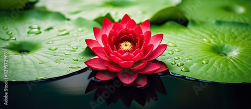 Vivid red lotus flower with copy space image surrounded by lush green circular lotus leaves