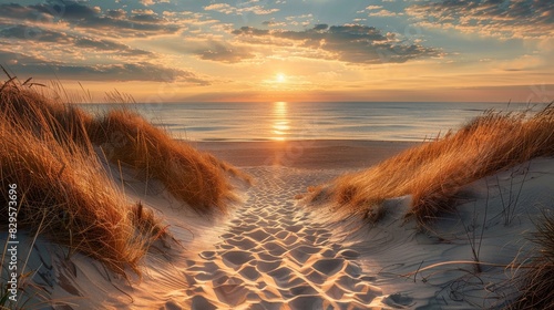 Scenic beach landscape, Sandy path leading to ocean at sunrise sunset. Golden sunrise or fiery sunset illuminating the sandy beach path.