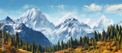 A picturesque mountainous landscape in autumn showcasing snow covered peaks surrounded by a lush coniferous forest Includes copy space image