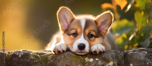 A cute Pembroke Welsh Corgi puppy resting on a stone with ample copy space image