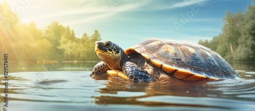 A water turtle basking in the sun with a copy space image