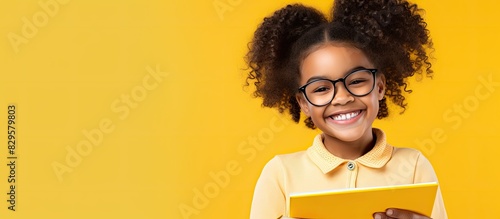 A cheerful African American schoolgirl with glasses holding books on her head smiles in a playful manner against a yellow backdrop in the copy space image