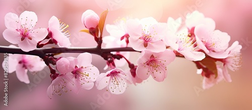 Macro view of a vibrant pink blossom blooming in sunlight creating a picturesque nature background with copy space image
