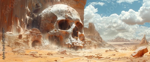 Sci-fi wallpaper featuring a Giant skull in a desert landscape with rocky formations and a clear sky.