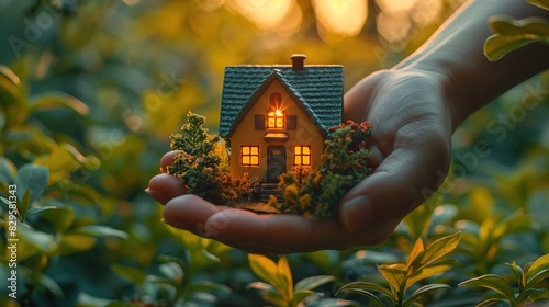 Hands holding a miniature house among greenery. Real estate and sustainable lifestyle concept