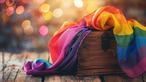 A close-up of a handmade LGBTQ+ family pride flag draped over a wooden toy chest