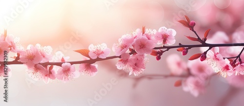 Chinese cherry branches filled with gorgeous pink flowers under the sun on a beautiful morning in a vibrant scene suitable for a copy space image