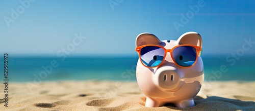 Piggy bank with sunglasses at the beach ideal for summer copy space image