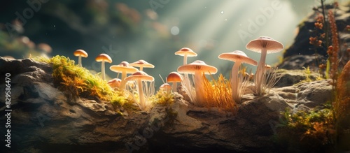 Fungi flourishing on the rocky surface providing a natural habitat with copy space image