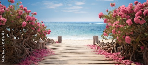 A pathway made of wood leading to a beach by the Red Sea adorned with wild rose flowers adds a touch of natural beauty and tranquility to the scene creating a picturesque copy space image
