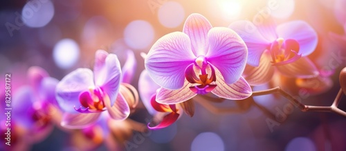 A vibrant orchid bloom in the garden with copy space image