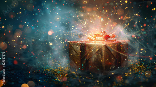 An artistic interpretation of a gift box bursting open with rays of light and colorful particles, symbolizing the joy and surprise that comes with receiving a thoughtful present.