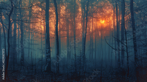A hazy forest scene at twilight, where the trees are sharply defined against a softly blurred backdrop, creating an abstract, timeless ambiance of tranquility