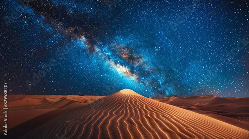 A vast desert expanse under a starry sky, where the undulating sand dunes and infinite cosmos blend into an abstract, timeless tableau of earth and space