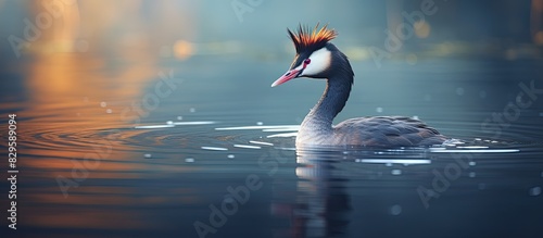 The Podiceps cristatus known as the Great Crested Grebe is a type of waterfowl bird swimming gracefully on a tranquil lake creating a peaceful copy space image