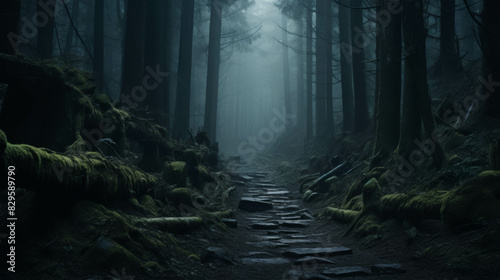 Misty forest path with dense trees, covered in moss and rocks, creating a mysterious and eerie atmosphere perfect for adventurous explorers.