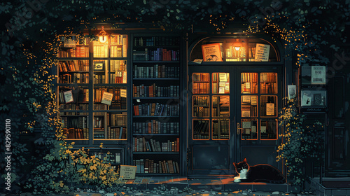 A cozy illustration of a vintage bookstore illuminated by lamplight, with stacks of books visible through the windows and a cat curled up asleep on the doorstep