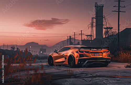 A wide shot shows a corvette c8 z52 in Need for Speed with a photorealistic sunset background. Created with Ai