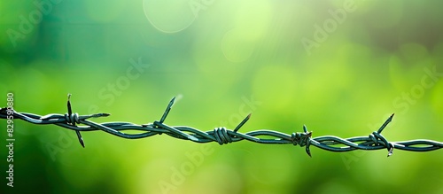 Barbed wire against a green bokeh background conveys a sense of unease with space for text or images. Copy space image. Place for adding text and design