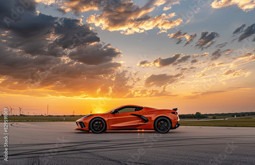 2023 Corvette C8R in orange, on the tarmac at sunrise, with dramatic clouds. Created with Ai