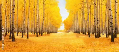 Walk in the autumn forest surrounded by the vibrant hues of yellow aspen leaves depicting the bright colors of autumn during Indian summer with a picturesque copy space image