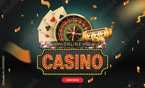 This image features a colorful online casino banner with playing cards, a roulette wheel, slot machine, and dice Confetti and a Join Now button are visible 