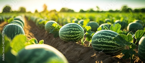 Watermelons growing in a farm field with a focus on harvesting showcased in a copy space image