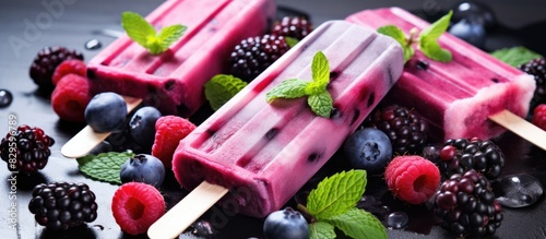 Refreshing summer treats with a copy space image of homemade berry ice cream popsicles infused with mint and mojito flavors along with frozen diet water enhanced with blackberry blueberry and raspber