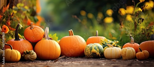 Autumn setting with petite pumpkins in a garden perfect for a copy space image