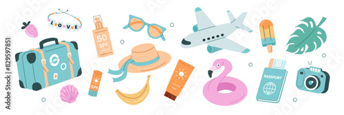 Summer stickers set. Tropical vacation on beach scrapbooking collection. Plane, ticket, sunscreen and other travel elements. Modern cartoon concept. Vector illustration.