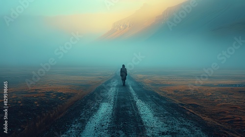 A lone figure walking along a deserted road, their silhouette stretching out behind them in the fading light.