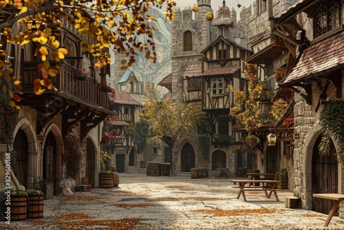 A picturesque medieval village scene with cobblestone streets and half-timbered houses, surrounded by autumn foliage and historical architecture.