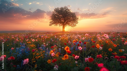 A lone tree standing in a field of wildflowers, its silhouette a stark contrast against the vibrant colors below.