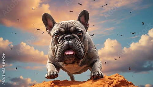 A playful French Bulldog among pastel clouds, exploring its dreamy sky kingdom with boundless curiosity.