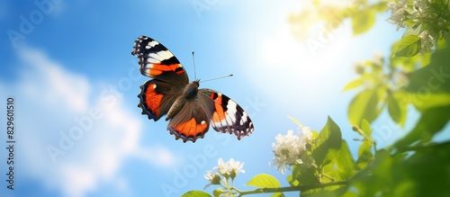 Discover the fascinating beauty of a Red Admiral Butterfly Vanessa atalanta with vibrant wings set against a summer backdrop in a copy space image
