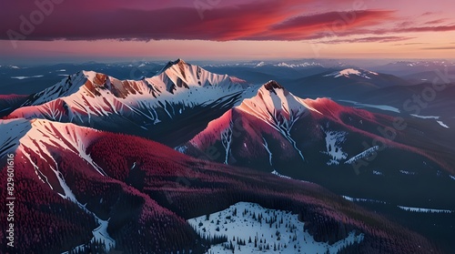 Aerial view Canadian Mountain Landscape in Winter. Colorful Pink Sky Art Render.Aerial view Canadian Mountain Landscape in Winter. Colorful Pink Sky Art Render.
