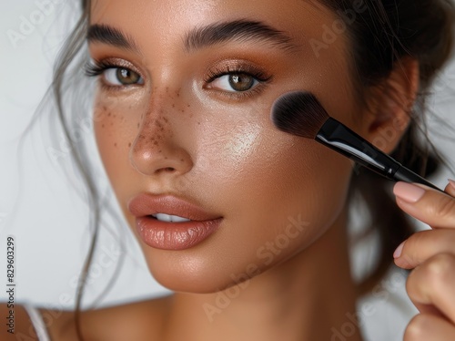 Young Asian woman with Contour and Highlight makeup sample,Young beautiful womman applying makeup using a brush,Professional Contouring face make-up over,Make up woman face.