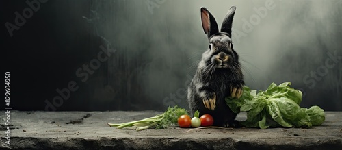 Black fur rabbit eating vegetables on a stone floor in a portrait with copy space image