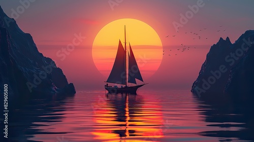 The silhouette of a sailboat gliding across a tranquil bay, its sails catching the last rays of daylight.