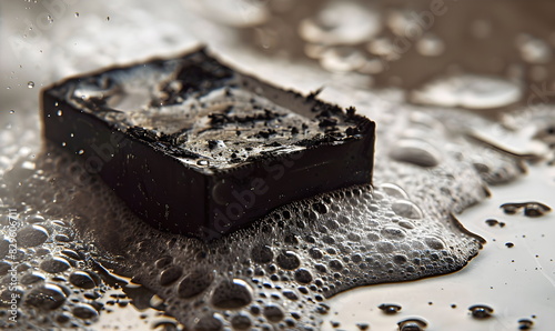 A rectangular piece of black soap on a light gray background with soap foam on the floor in the bathtub. Naturally, with your own hands. Foaming tar soap without additives and parabens.